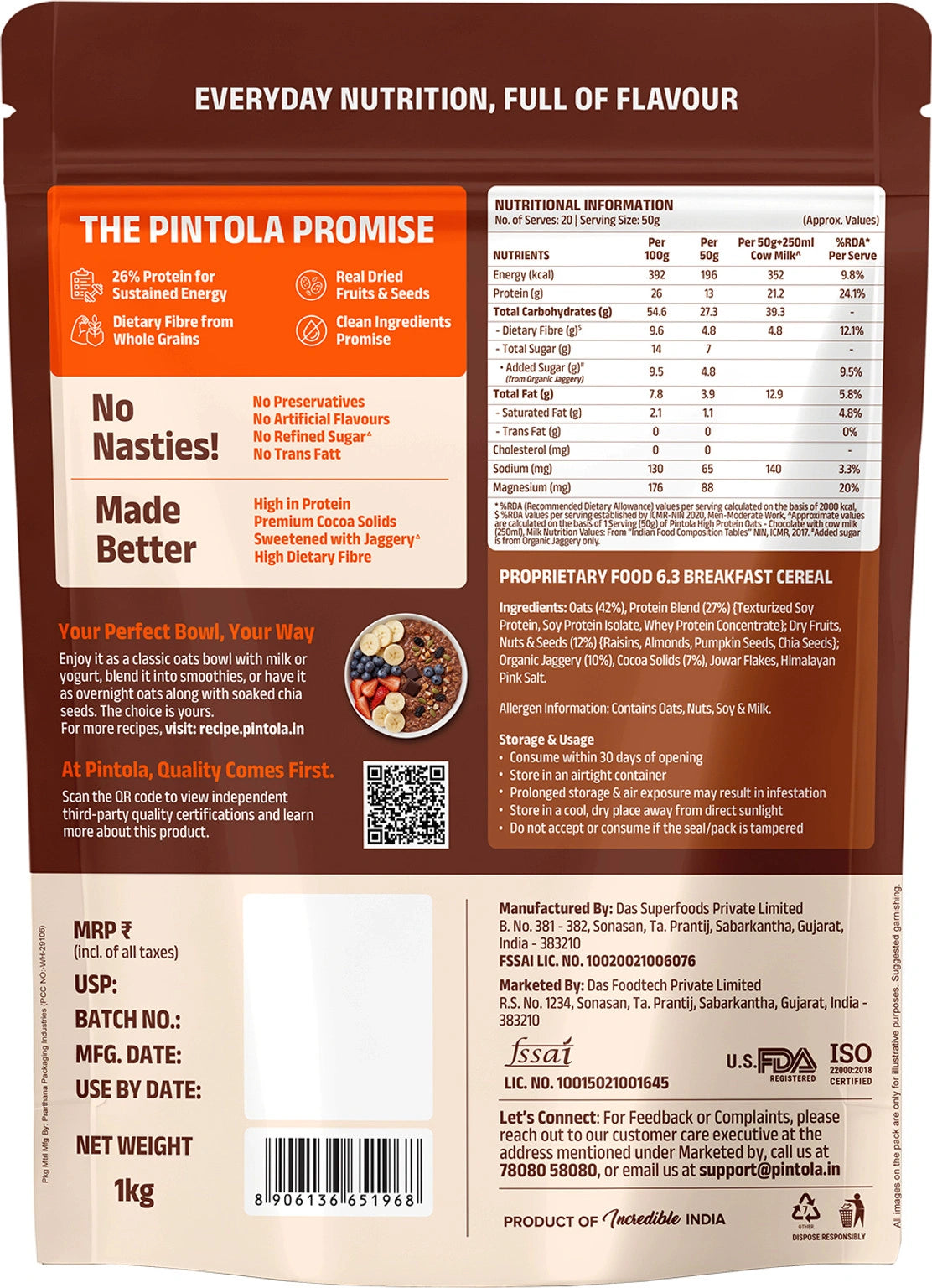 Pintola 26g High Protein Oats - Dark Chocolate, For Weight Loss, Breakfast Cereals Pouch (1 kg)