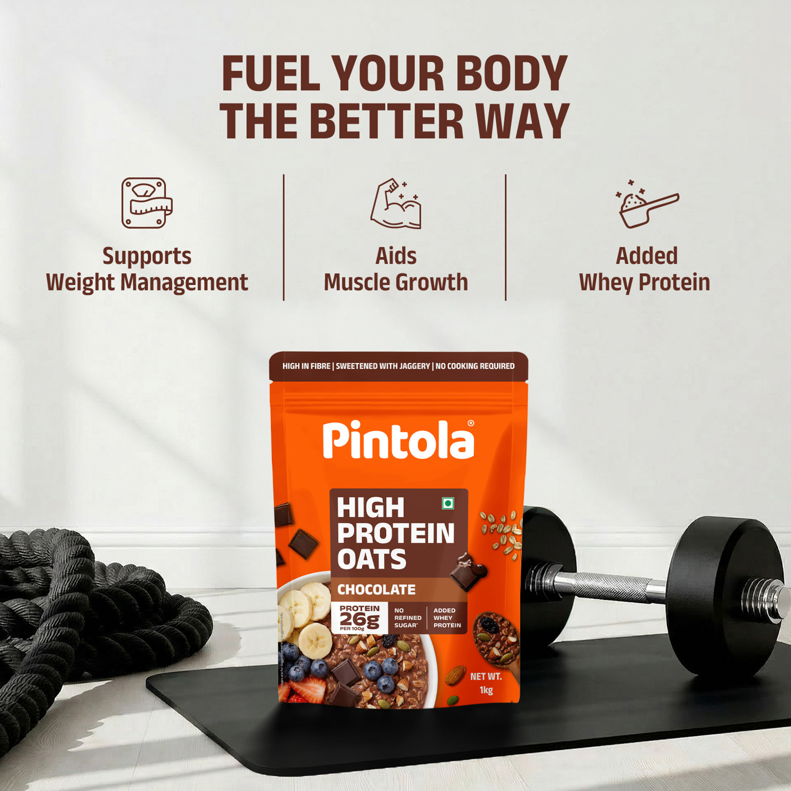 Pintola 26g High Protein Oats - Dark Chocolate, For Weight Loss, Breakfast Cereals Pouch (1 kg)