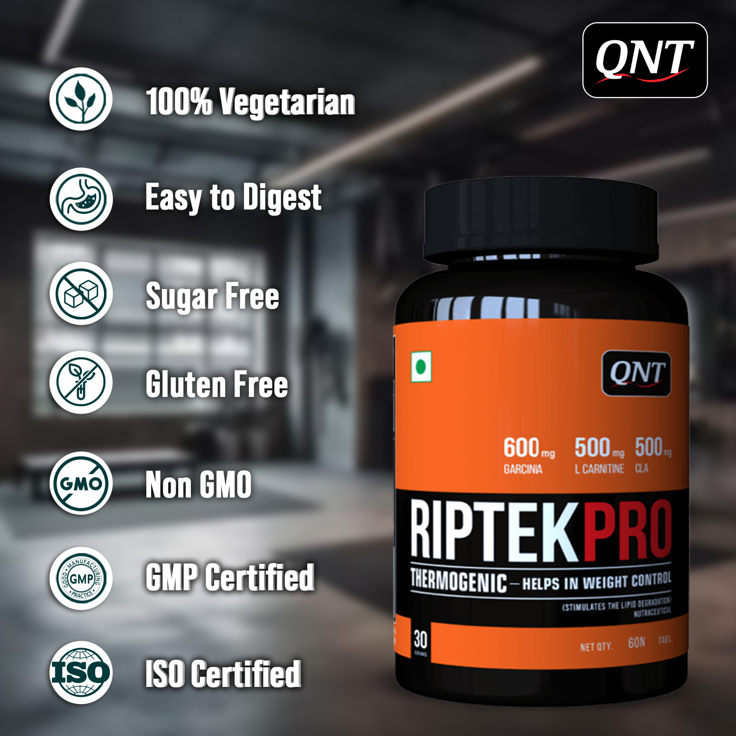 QNT RIPTEK PRO: THERMOGENIC FAT BURNER WITH GARCINIA, L-CARNITINE, AND CLA | 60 TABS