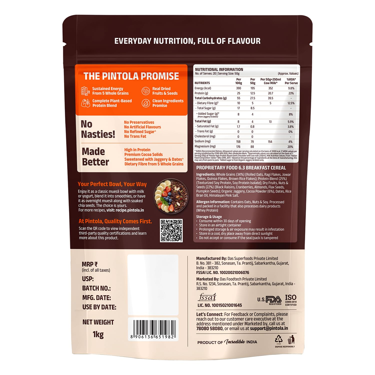Pintola High Protein Muesli Dark Chocolate & Cranberry 1kg, 25g Protein, High Fibre, Trans Fat Free with Brown Sugar, Real Fruits, Muesli for Breakfast Food, Muselies Fruit Nuts and Seeds 1 kg