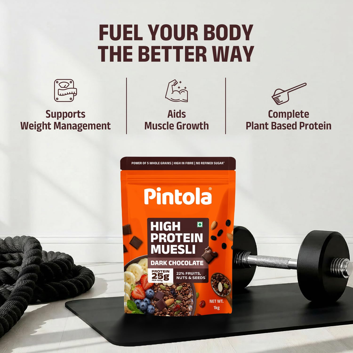 Pintola High Protein Muesli Dark Chocolate & Cranberry 1kg, 25g Protein, High Fibre, Trans Fat Free with Brown Sugar, Real Fruits, Muesli for Breakfast Food, Muselies Fruit Nuts and Seeds 1 kg