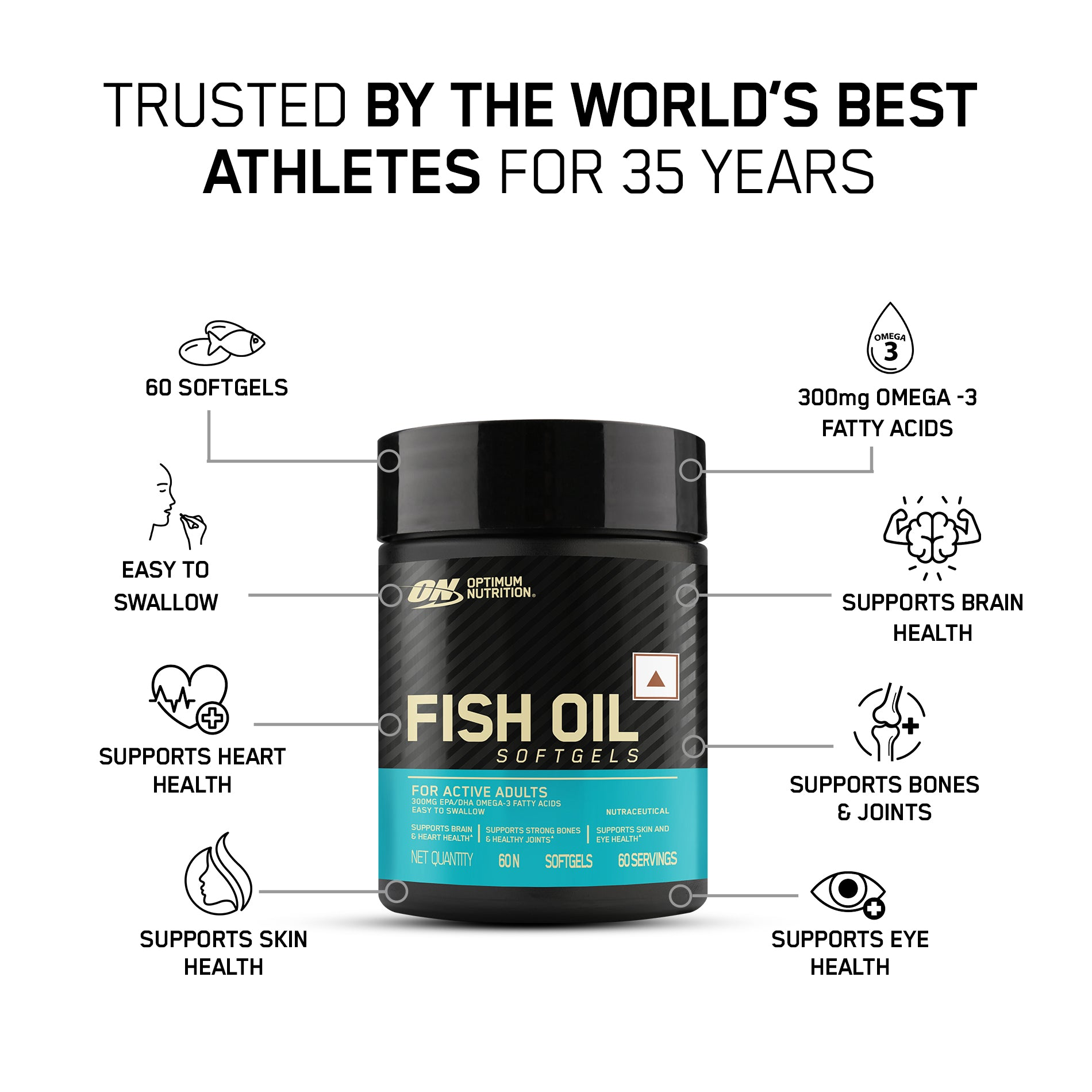 Optimum Nutrition (ON) Fish Oil - 60 Capsules, 1000 mg Fish Oil, 180 mg EPA, 120mg DHA